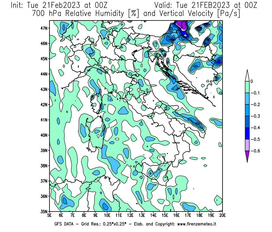 Mappa di analisi GFS - Umidità relativa [%] e Omega [Pa/s] a 700 hPa in Italia
							del 21/02/2023 00 <!--googleoff: index-->UTC<!--googleon: index-->