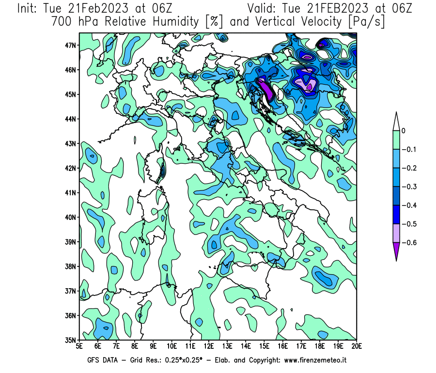 Mappa di analisi GFS - Umidità relativa [%] e Omega [Pa/s] a 700 hPa in Italia
							del 21/02/2023 06 <!--googleoff: index-->UTC<!--googleon: index-->