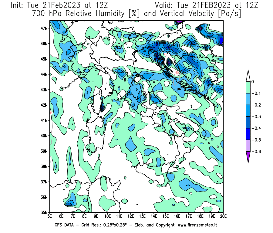 Mappa di analisi GFS - Umidità relativa [%] e Omega [Pa/s] a 700 hPa in Italia
							del 21/02/2023 12 <!--googleoff: index-->UTC<!--googleon: index-->