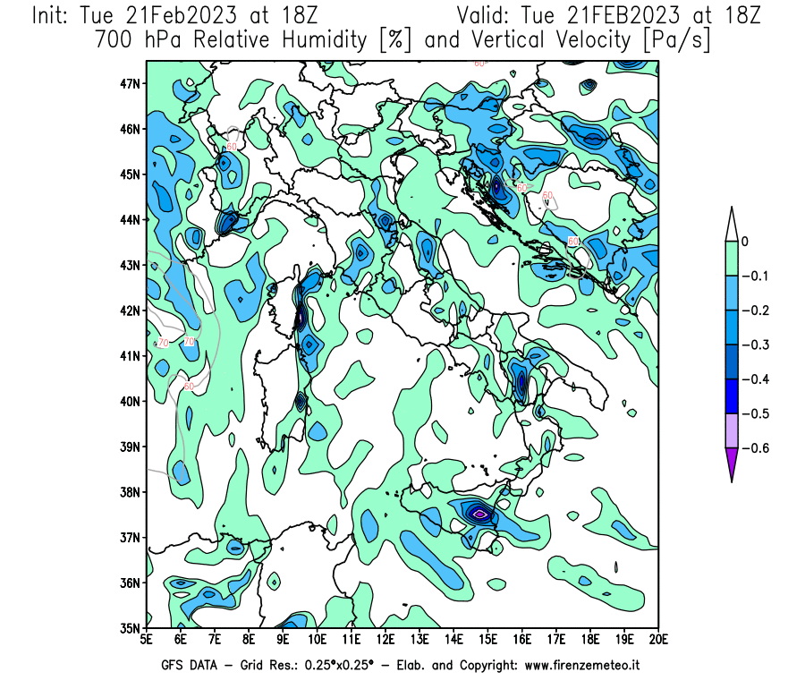 Mappa di analisi GFS - Umidità relativa [%] e Omega [Pa/s] a 700 hPa in Italia
							del 21/02/2023 18 <!--googleoff: index-->UTC<!--googleon: index-->