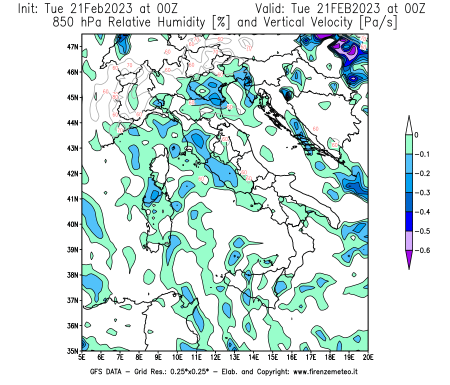 Mappa di analisi GFS - Umidità relativa [%] e Omega [Pa/s] a 850 hPa in Italia
							del 21/02/2023 00 <!--googleoff: index-->UTC<!--googleon: index-->