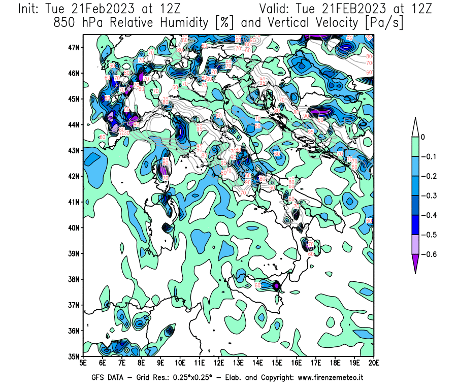 Mappa di analisi GFS - Umidità relativa [%] e Omega [Pa/s] a 850 hPa in Italia
							del 21/02/2023 12 <!--googleoff: index-->UTC<!--googleon: index-->