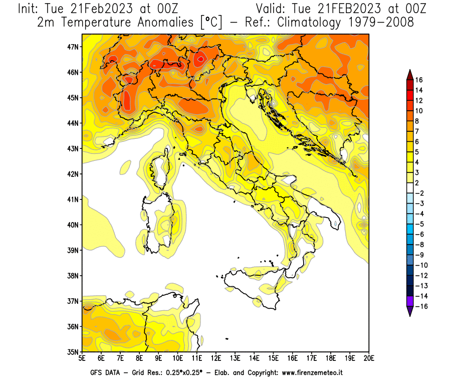 Mappa di analisi GFS - Anomalia Temperatura [°C] a 2 m in Italia
							del 21/02/2023 00 <!--googleoff: index-->UTC<!--googleon: index-->