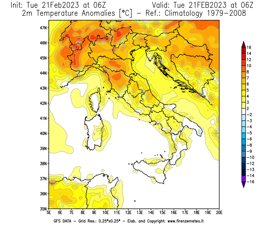 Mappa di analisi GFS - Anomalia Temperatura [°C] a 2 m in Italia
							del 21/02/2023 06 <!--googleoff: index-->UTC<!--googleon: index-->