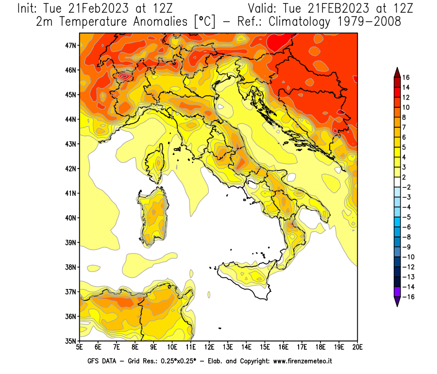 Mappa di analisi GFS - Anomalia Temperatura [°C] a 2 m in Italia
							del 21/02/2023 12 <!--googleoff: index-->UTC<!--googleon: index-->