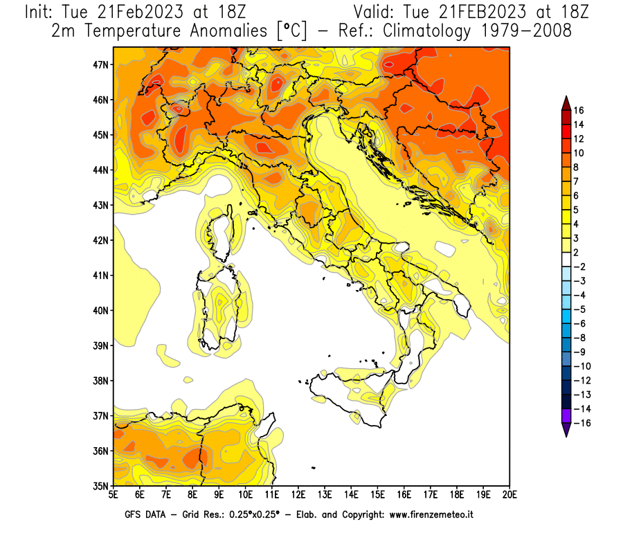 Mappa di analisi GFS - Anomalia Temperatura [°C] a 2 m in Italia
							del 21/02/2023 18 <!--googleoff: index-->UTC<!--googleon: index-->