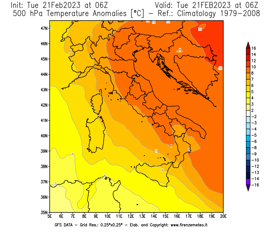 Mappa di analisi GFS - Anomalia Temperatura [°C] a 500 hPa in Italia
							del 21/02/2023 06 <!--googleoff: index-->UTC<!--googleon: index-->