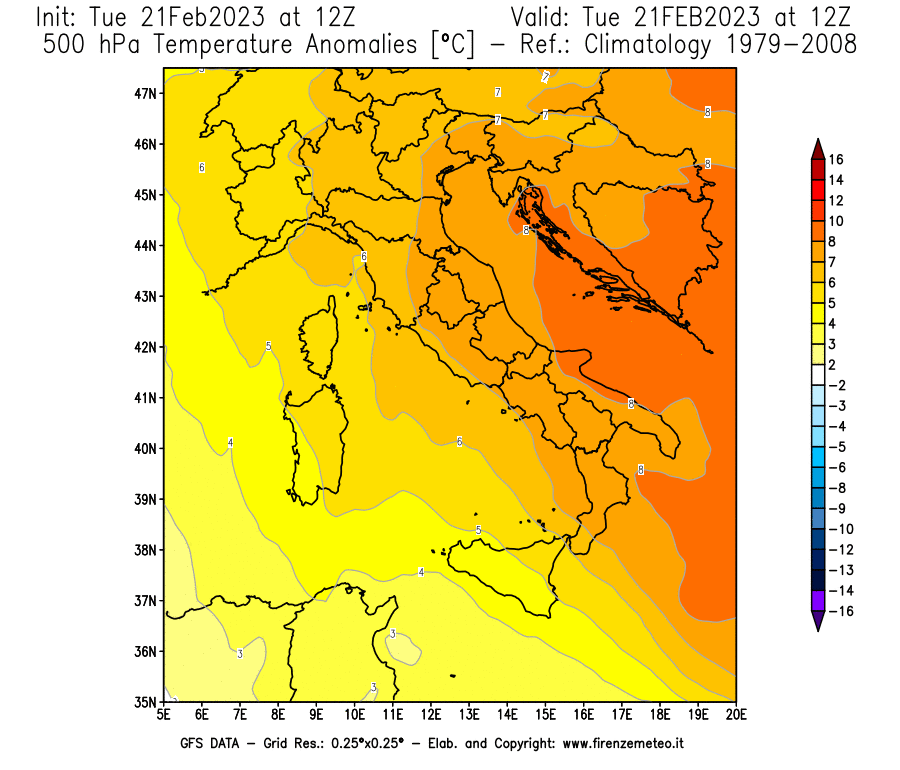 Mappa di analisi GFS - Anomalia Temperatura [°C] a 500 hPa in Italia
							del 21/02/2023 12 <!--googleoff: index-->UTC<!--googleon: index-->
