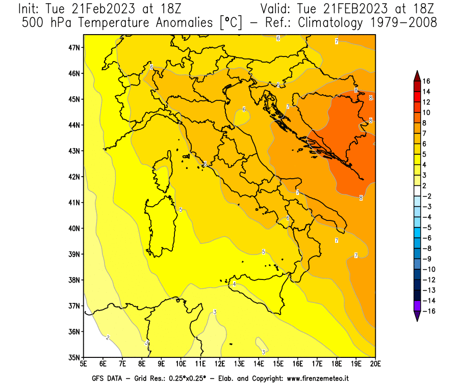 Mappa di analisi GFS - Anomalia Temperatura [°C] a 500 hPa in Italia
							del 21/02/2023 18 <!--googleoff: index-->UTC<!--googleon: index-->