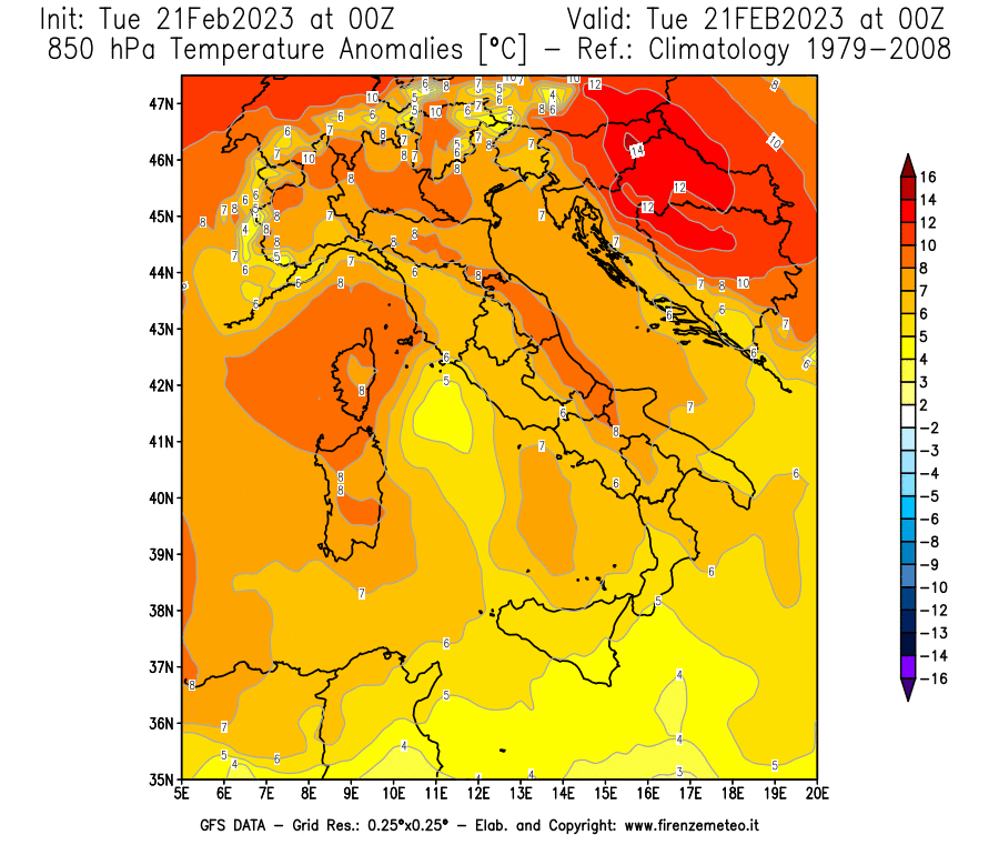 Mappa di analisi GFS - Anomalia Temperatura [°C] a 850 hPa in Italia
							del 21/02/2023 00 <!--googleoff: index-->UTC<!--googleon: index-->