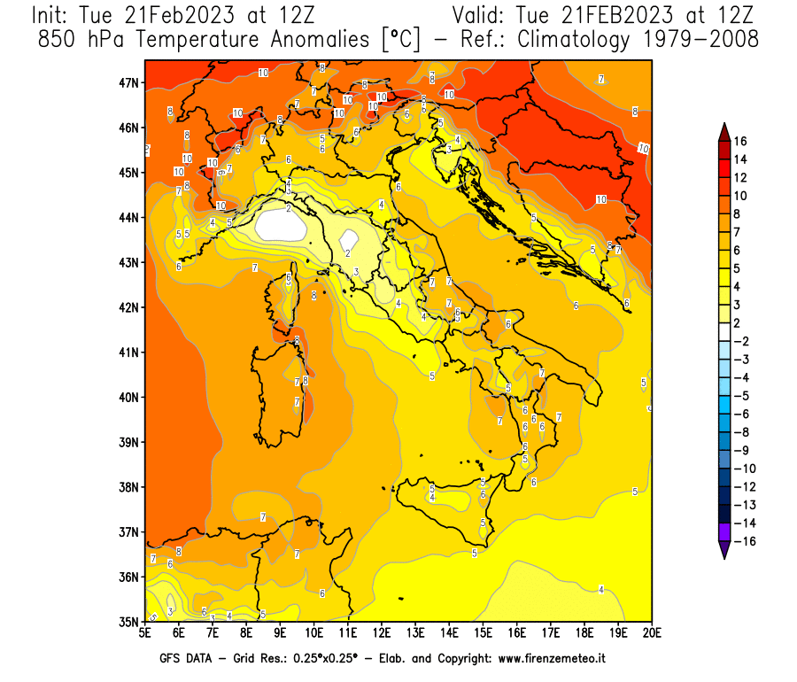 Mappa di analisi GFS - Anomalia Temperatura [°C] a 850 hPa in Italia
							del 21/02/2023 12 <!--googleoff: index-->UTC<!--googleon: index-->