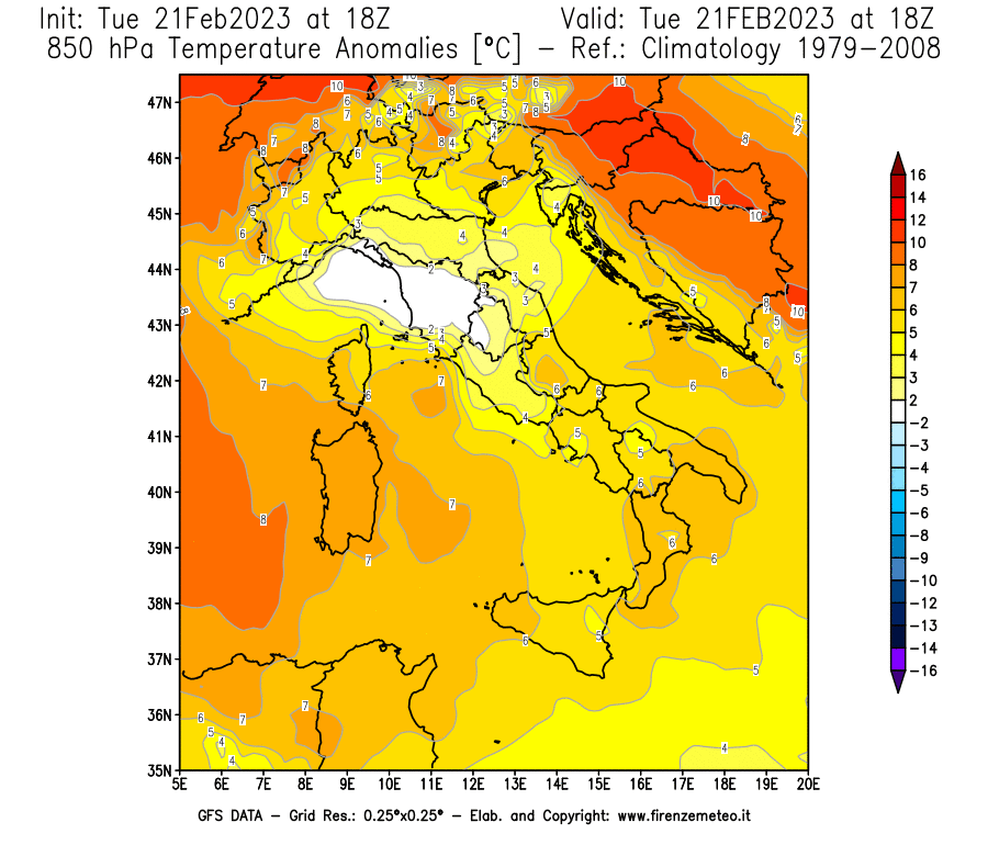 Mappa di analisi GFS - Anomalia Temperatura [°C] a 850 hPa in Italia
							del 21/02/2023 18 <!--googleoff: index-->UTC<!--googleon: index-->