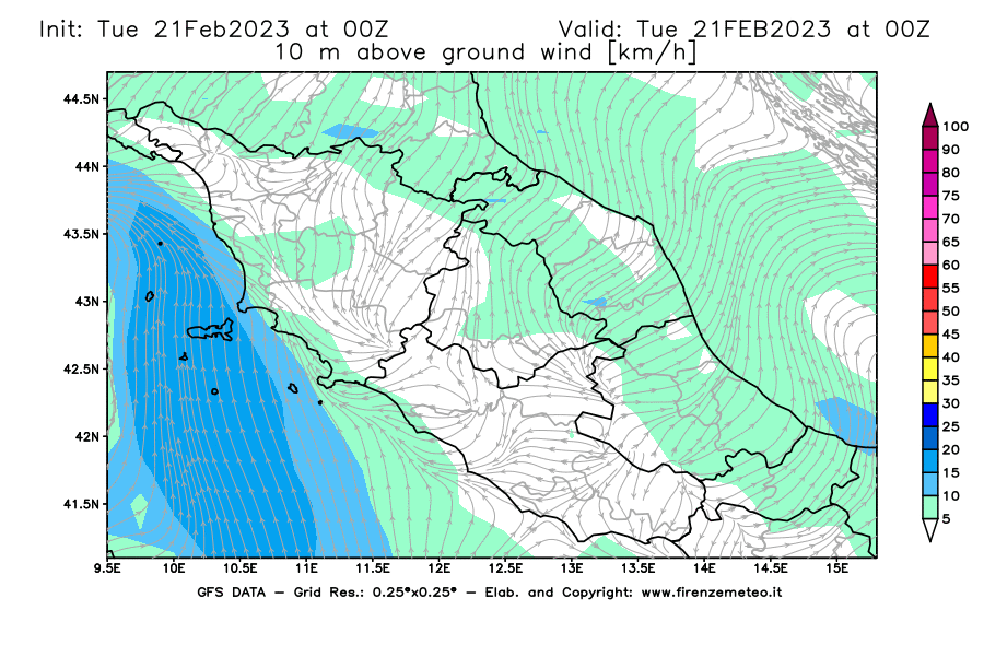 Mappa di analisi GFS - Velocità del vento a 10 metri dal suolo [km/h] in Centro-Italia
							del 21/02/2023 00 <!--googleoff: index-->UTC<!--googleon: index-->