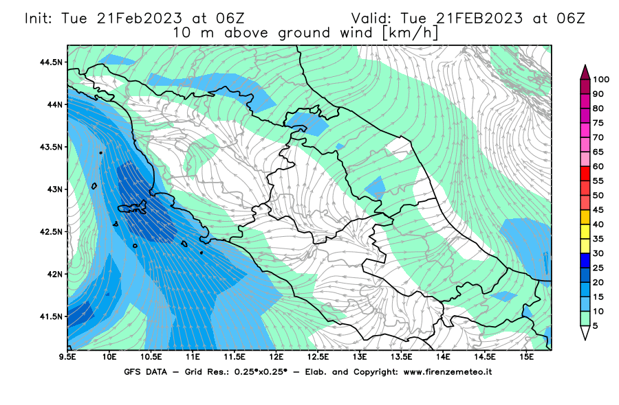 Mappa di analisi GFS - Velocità del vento a 10 metri dal suolo [km/h] in Centro-Italia
							del 21/02/2023 06 <!--googleoff: index-->UTC<!--googleon: index-->