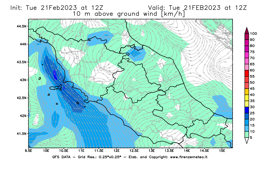 Mappa di analisi GFS - Velocità del vento a 10 metri dal suolo [km/h] in Centro-Italia
							del 21/02/2023 12 <!--googleoff: index-->UTC<!--googleon: index-->