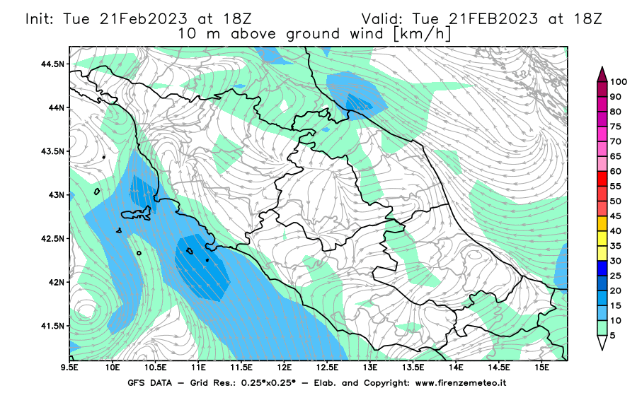 Mappa di analisi GFS - Velocità del vento a 10 metri dal suolo [km/h] in Centro-Italia
							del 21/02/2023 18 <!--googleoff: index-->UTC<!--googleon: index-->