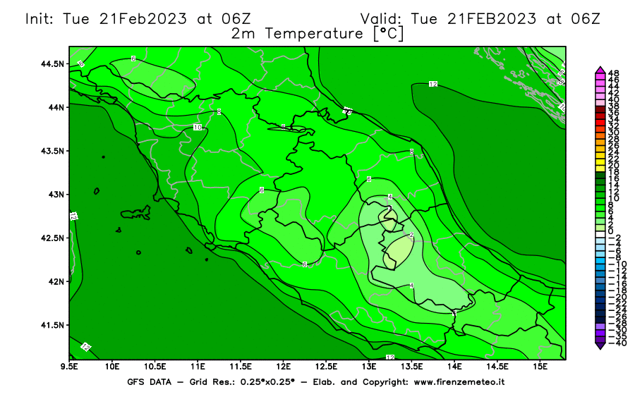 Mappa di analisi GFS - Temperatura a 2 metri dal suolo [°C] in Centro-Italia
							del 21/02/2023 06 <!--googleoff: index-->UTC<!--googleon: index-->