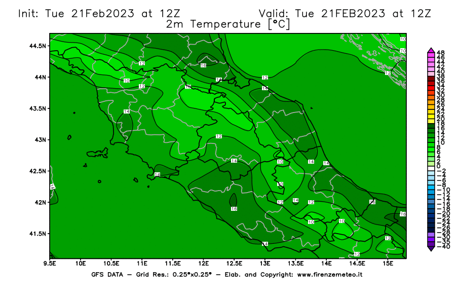 Mappa di analisi GFS - Temperatura a 2 metri dal suolo [°C] in Centro-Italia
							del 21/02/2023 12 <!--googleoff: index-->UTC<!--googleon: index-->
