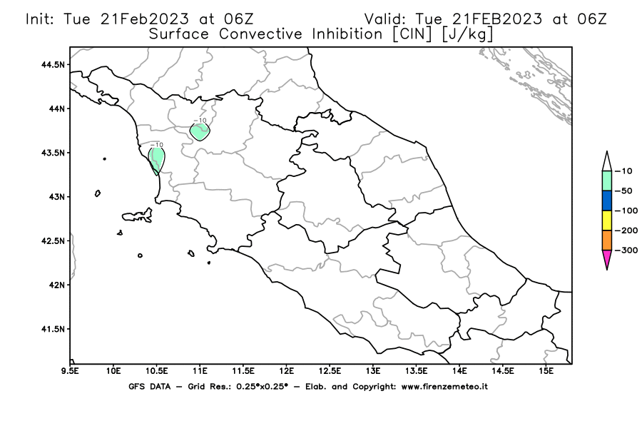 Mappa di analisi GFS - CIN [J/kg] in Centro-Italia
							del 21/02/2023 06 <!--googleoff: index-->UTC<!--googleon: index-->