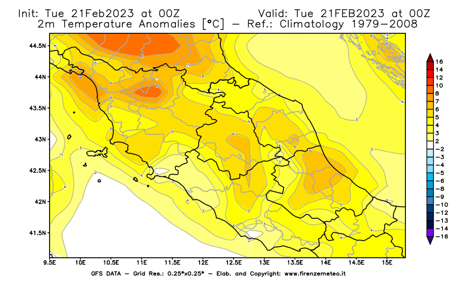Mappa di analisi GFS - Anomalia Temperatura [°C] a 2 m in Centro-Italia
							del 21/02/2023 00 <!--googleoff: index-->UTC<!--googleon: index-->