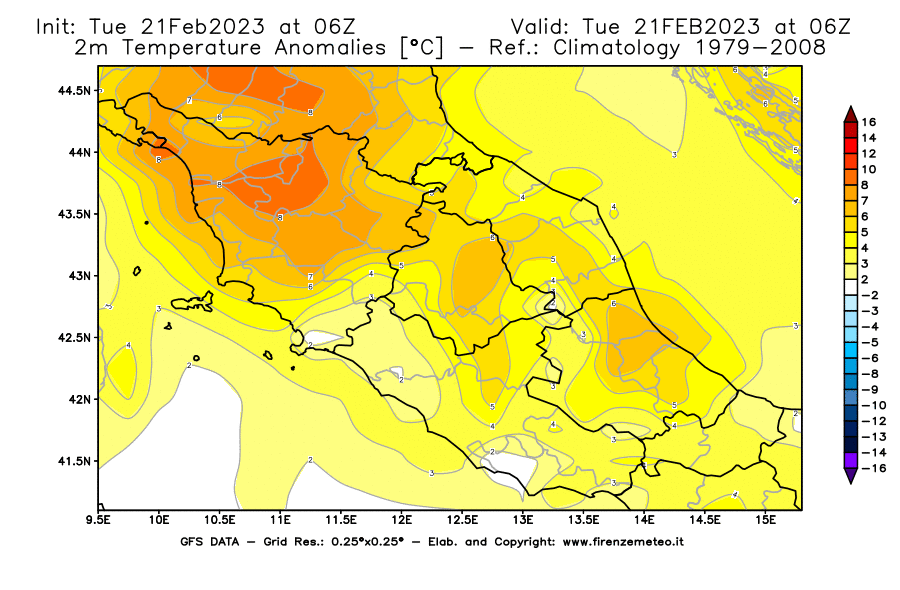 Mappa di analisi GFS - Anomalia Temperatura [°C] a 2 m in Centro-Italia
							del 21/02/2023 06 <!--googleoff: index-->UTC<!--googleon: index-->