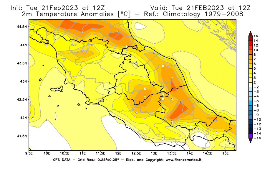 Mappa di analisi GFS - Anomalia Temperatura [°C] a 2 m in Centro-Italia
							del 21/02/2023 12 <!--googleoff: index-->UTC<!--googleon: index-->