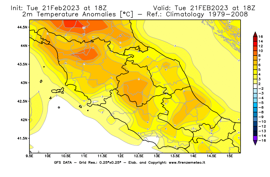 Mappa di analisi GFS - Anomalia Temperatura [°C] a 2 m in Centro-Italia
							del 21/02/2023 18 <!--googleoff: index-->UTC<!--googleon: index-->