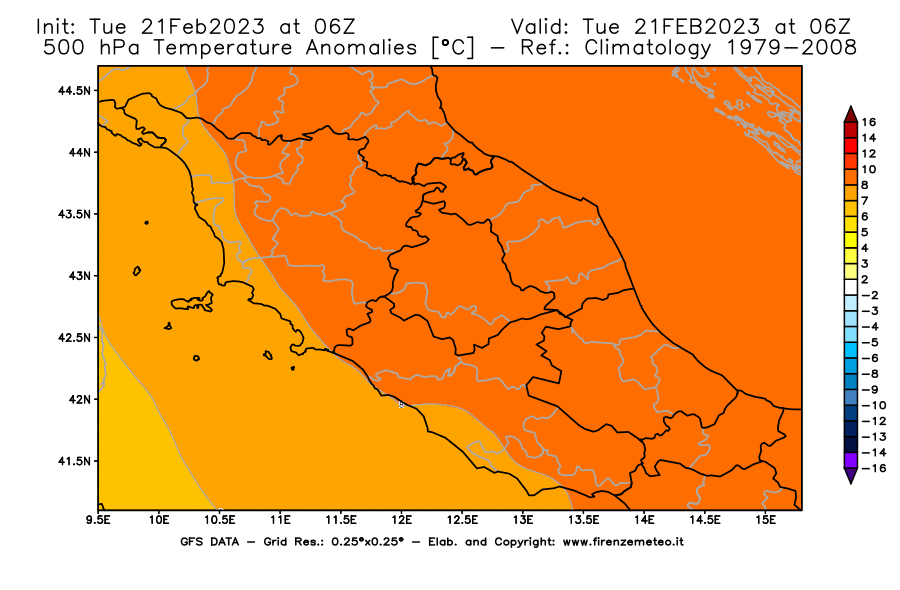 Mappa di analisi GFS - Anomalia Temperatura [°C] a 500 hPa in Centro-Italia
							del 21/02/2023 06 <!--googleoff: index-->UTC<!--googleon: index-->