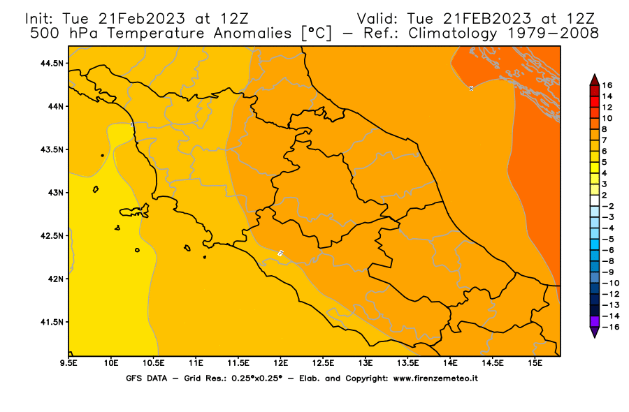 Mappa di analisi GFS - Anomalia Temperatura [°C] a 500 hPa in Centro-Italia
							del 21/02/2023 12 <!--googleoff: index-->UTC<!--googleon: index-->