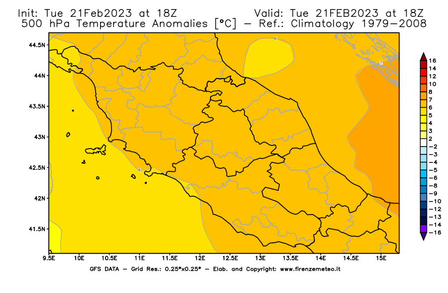 Mappa di analisi GFS - Anomalia Temperatura [°C] a 500 hPa in Centro-Italia
							del 21/02/2023 18 <!--googleoff: index-->UTC<!--googleon: index-->