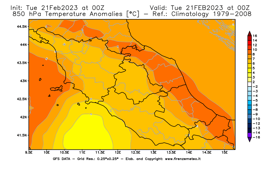 Mappa di analisi GFS - Anomalia Temperatura [°C] a 850 hPa in Centro-Italia
							del 21/02/2023 00 <!--googleoff: index-->UTC<!--googleon: index-->