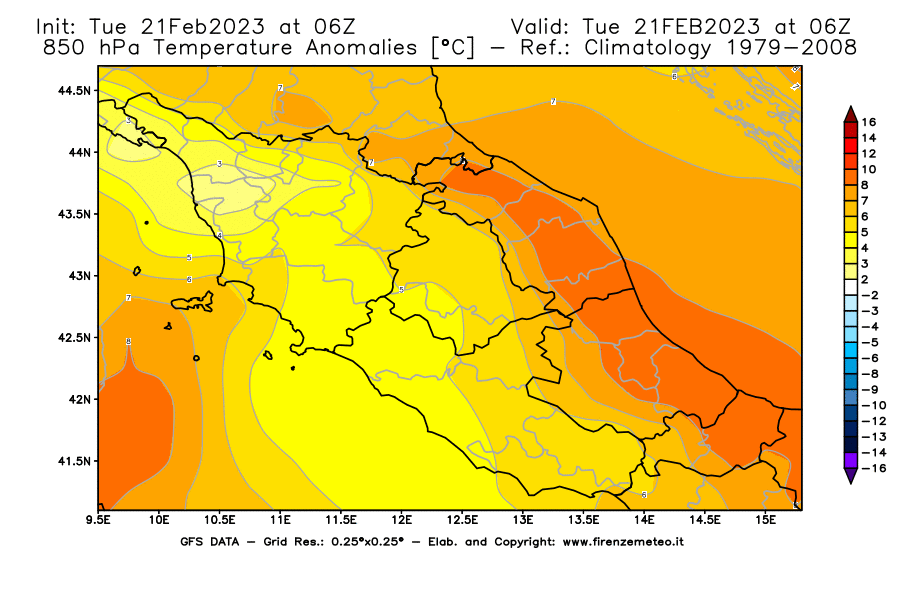 Mappa di analisi GFS - Anomalia Temperatura [°C] a 850 hPa in Centro-Italia
							del 21/02/2023 06 <!--googleoff: index-->UTC<!--googleon: index-->