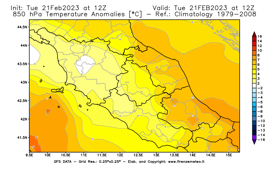 Mappa di analisi GFS - Anomalia Temperatura [°C] a 850 hPa in Centro-Italia
							del 21/02/2023 12 <!--googleoff: index-->UTC<!--googleon: index-->