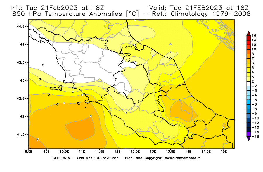 Mappa di analisi GFS - Anomalia Temperatura [°C] a 850 hPa in Centro-Italia
							del 21/02/2023 18 <!--googleoff: index-->UTC<!--googleon: index-->