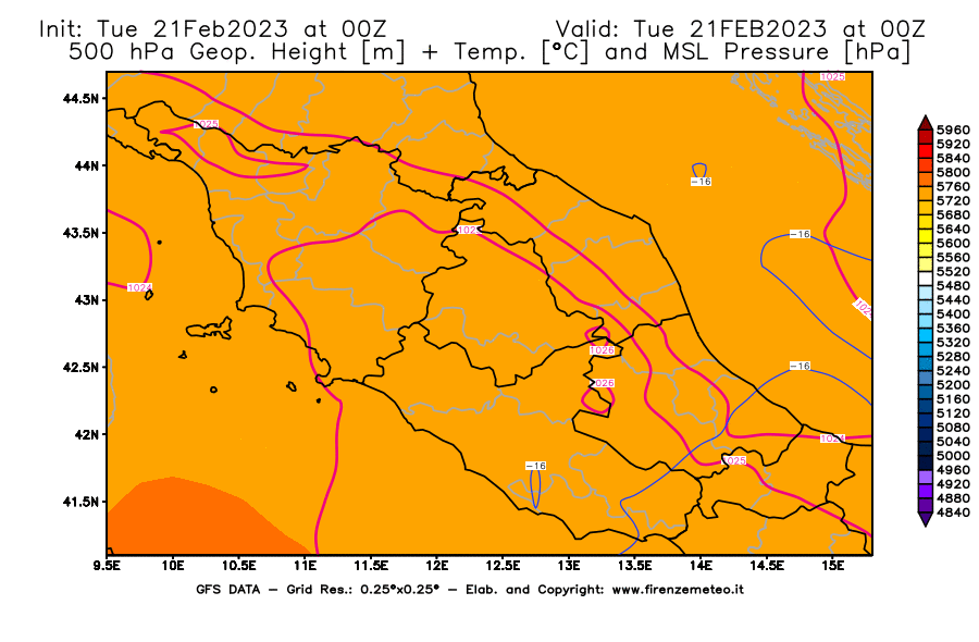 Mappa di analisi GFS - Geopotenziale [m] + Temp. [°C] a 500 hPa + Press. a livello del mare [hPa] in Centro-Italia
							del 21/02/2023 00 <!--googleoff: index-->UTC<!--googleon: index-->