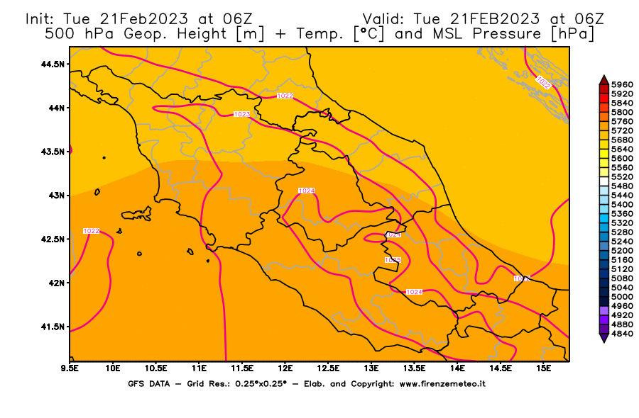 Mappa di analisi GFS - Geopotenziale [m] + Temp. [°C] a 500 hPa + Press. a livello del mare [hPa] in Centro-Italia
							del 21/02/2023 06 <!--googleoff: index-->UTC<!--googleon: index-->