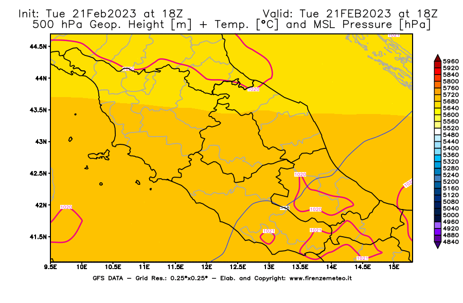 Mappa di analisi GFS - Geopotenziale [m] + Temp. [°C] a 500 hPa + Press. a livello del mare [hPa] in Centro-Italia
							del 21/02/2023 18 <!--googleoff: index-->UTC<!--googleon: index-->