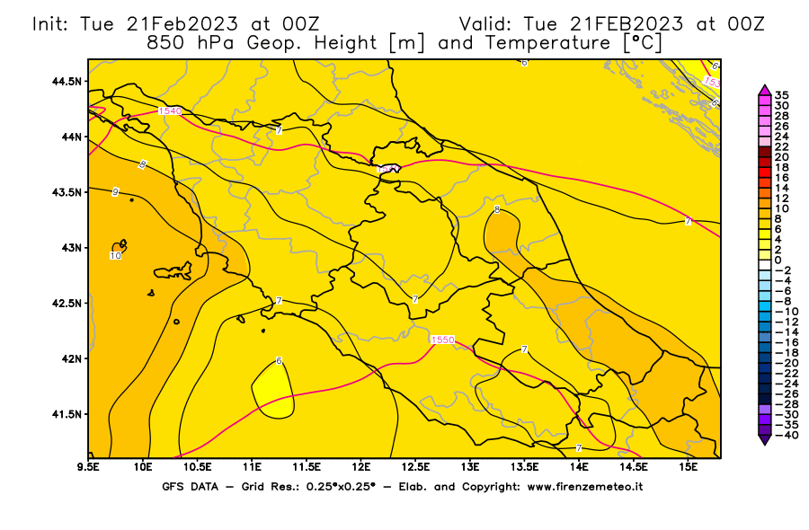 Mappa di analisi GFS - Geopotenziale [m] e Temperatura [°C] a 850 hPa in Centro-Italia
							del 21/02/2023 00 <!--googleoff: index-->UTC<!--googleon: index-->