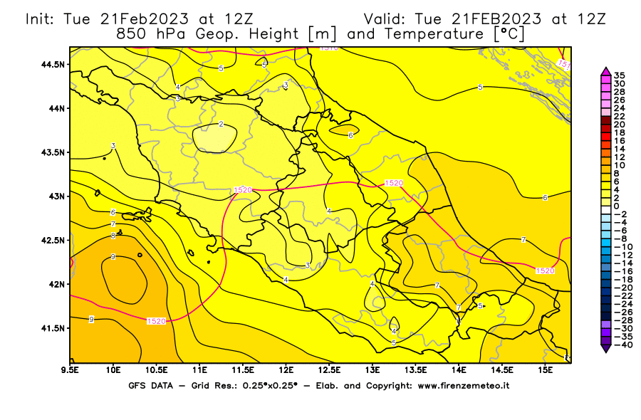 Mappa di analisi GFS - Geopotenziale [m] e Temperatura [°C] a 850 hPa in Centro-Italia
							del 21/02/2023 12 <!--googleoff: index-->UTC<!--googleon: index-->