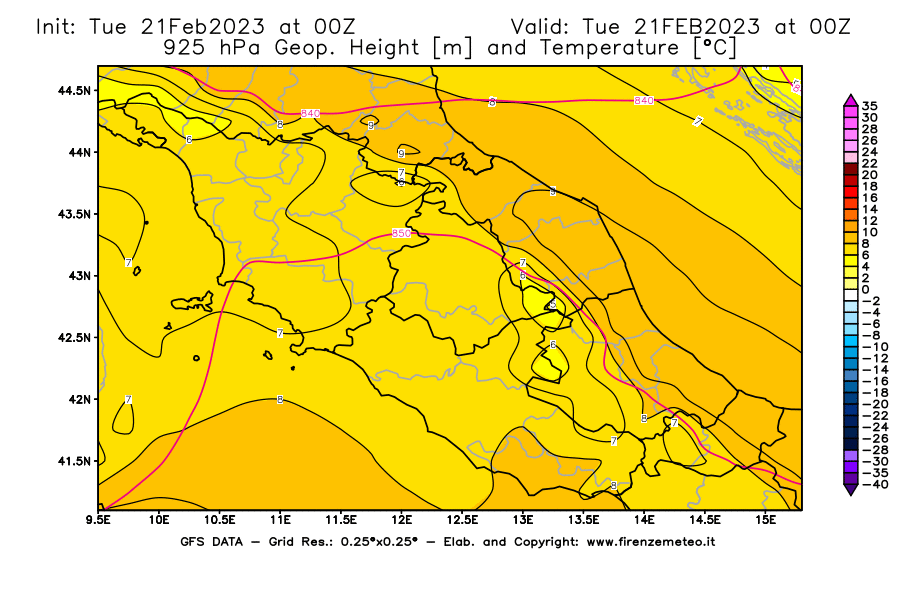 Mappa di analisi GFS - Geopotenziale [m] e Temperatura [°C] a 925 hPa in Centro-Italia
							del 21/02/2023 00 <!--googleoff: index-->UTC<!--googleon: index-->