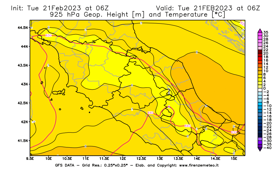 Mappa di analisi GFS - Geopotenziale [m] e Temperatura [°C] a 925 hPa in Centro-Italia
							del 21/02/2023 06 <!--googleoff: index-->UTC<!--googleon: index-->