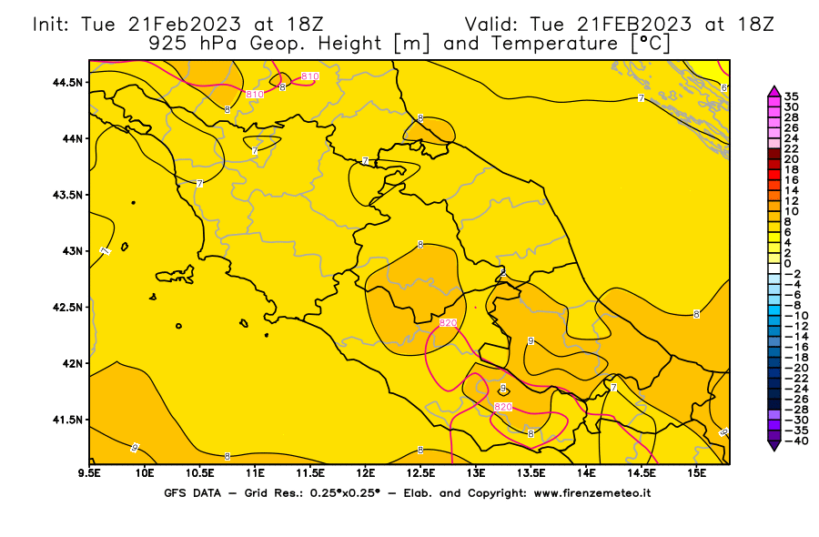 Mappa di analisi GFS - Geopotenziale [m] e Temperatura [°C] a 925 hPa in Centro-Italia
							del 21/02/2023 18 <!--googleoff: index-->UTC<!--googleon: index-->