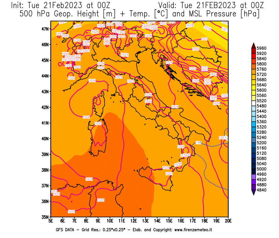 Mappa di analisi GFS - Geopotenziale [m] + Temp. [°C] a 500 hPa + Press. a livello del mare [hPa] in Italia
							del 21/02/2023 00 <!--googleoff: index-->UTC<!--googleon: index-->