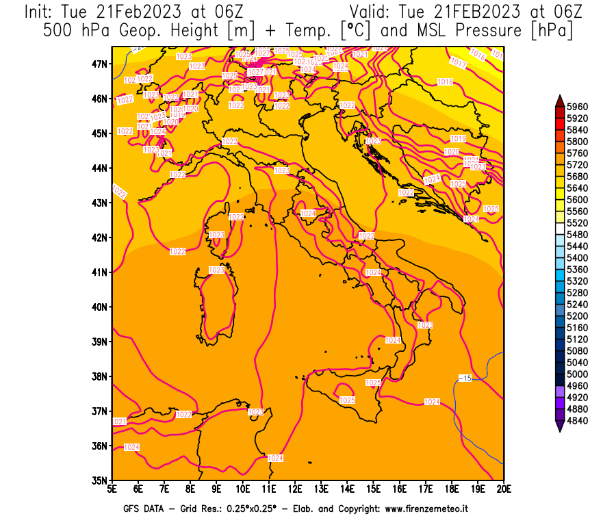 Mappa di analisi GFS - Geopotenziale [m] + Temp. [°C] a 500 hPa + Press. a livello del mare [hPa] in Italia
							del 21/02/2023 06 <!--googleoff: index-->UTC<!--googleon: index-->
