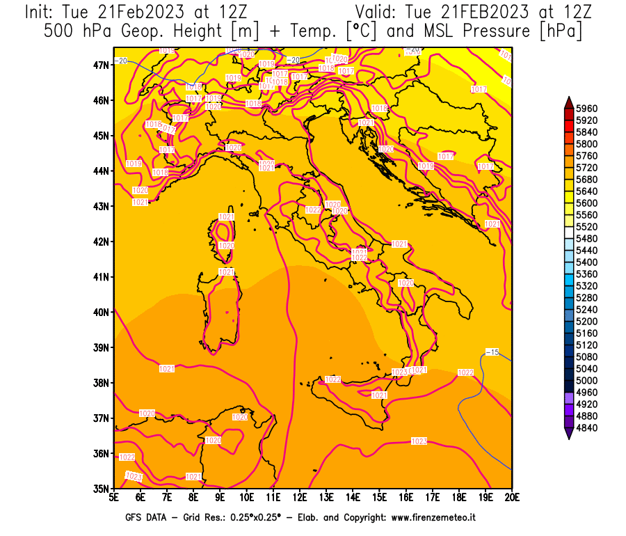Mappa di analisi GFS - Geopotenziale [m] + Temp. [°C] a 500 hPa + Press. a livello del mare [hPa] in Italia
							del 21/02/2023 12 <!--googleoff: index-->UTC<!--googleon: index-->