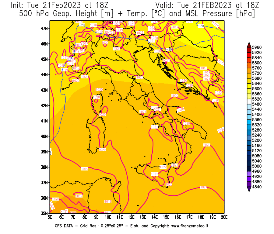 Mappa di analisi GFS - Geopotenziale [m] + Temp. [°C] a 500 hPa + Press. a livello del mare [hPa] in Italia
							del 21/02/2023 18 <!--googleoff: index-->UTC<!--googleon: index-->