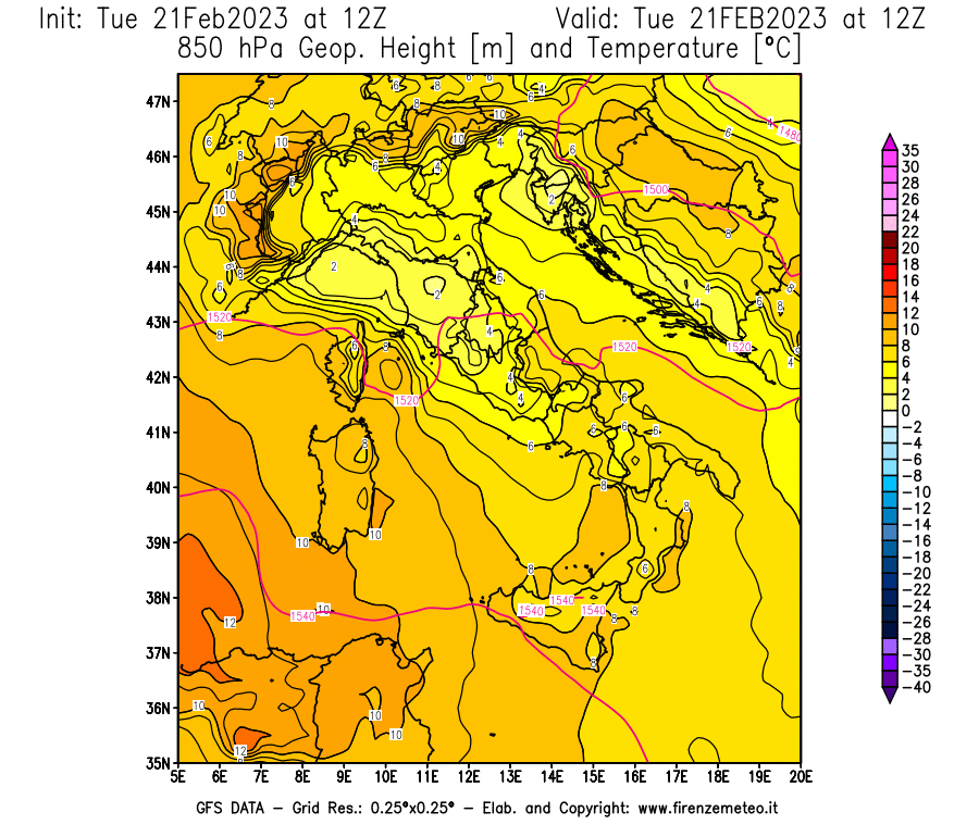 Mappa di analisi GFS - Geopotenziale [m] e Temperatura [°C] a 850 hPa in Italia
							del 21/02/2023 12 <!--googleoff: index-->UTC<!--googleon: index-->