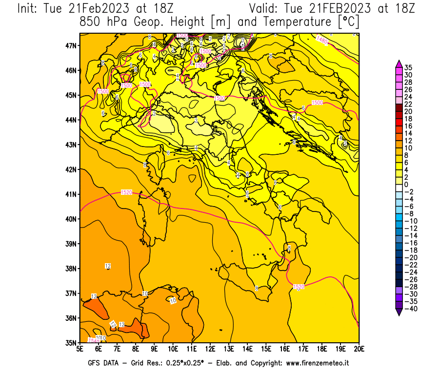Mappa di analisi GFS - Geopotenziale [m] e Temperatura [°C] a 850 hPa in Italia
							del 21/02/2023 18 <!--googleoff: index-->UTC<!--googleon: index-->