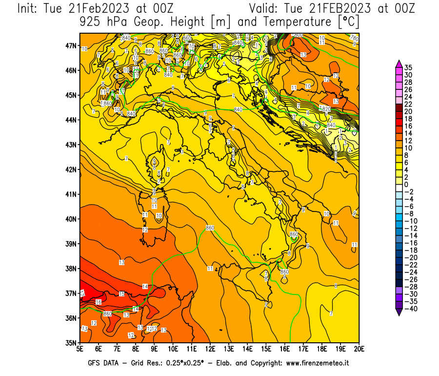 Mappa di analisi GFS - Geopotenziale [m] e Temperatura [°C] a 925 hPa in Italia
							del 21/02/2023 00 <!--googleoff: index-->UTC<!--googleon: index-->