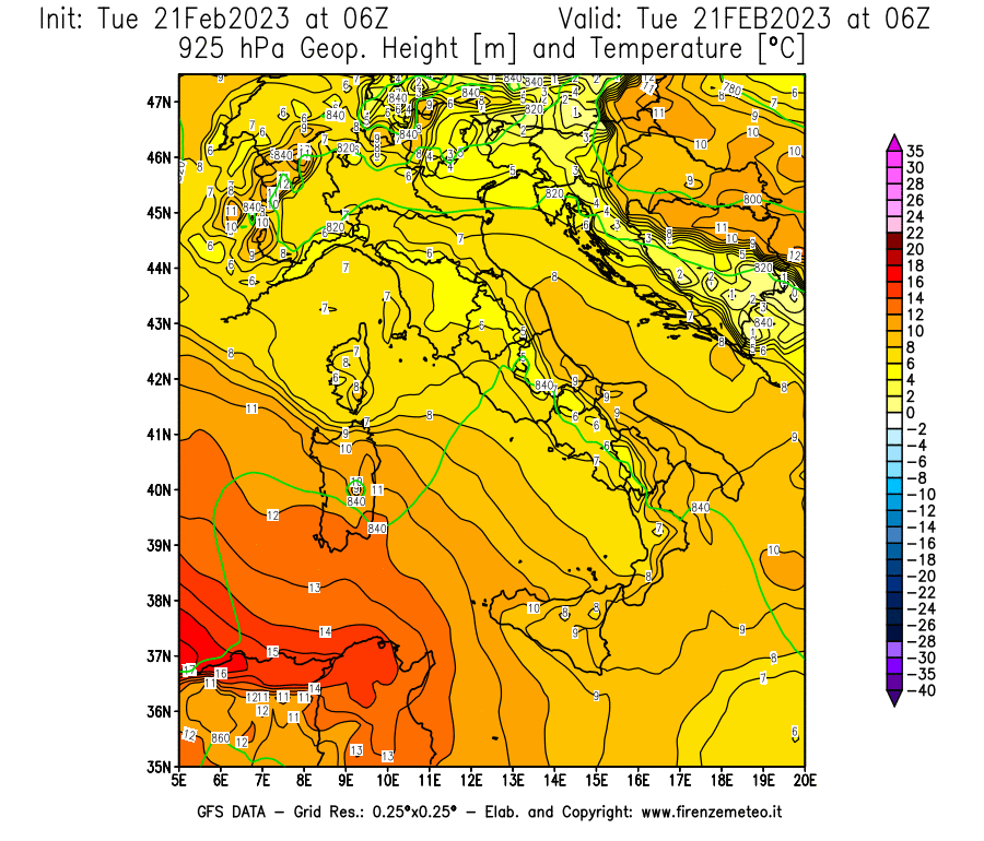 Mappa di analisi GFS - Geopotenziale [m] e Temperatura [°C] a 925 hPa in Italia
							del 21/02/2023 06 <!--googleoff: index-->UTC<!--googleon: index-->